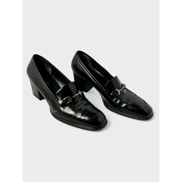 Gucci Shoes - Vintage GUCCI high heel black  loafers with silver horse-bit buckle , size 9